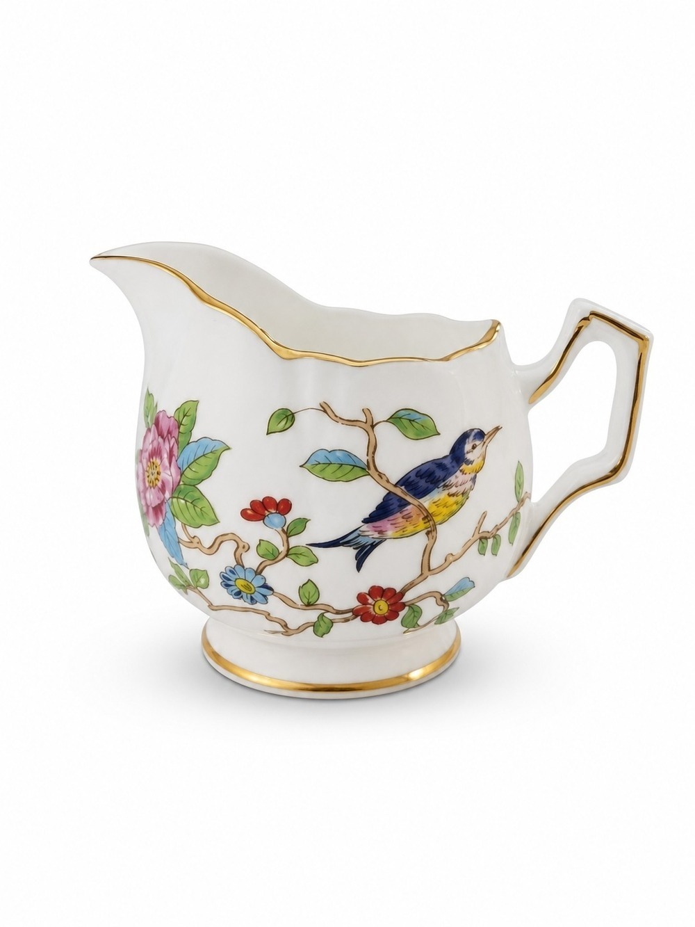 AYNSLEY - White Porcelain Creamer with 24K Gold Trim and Hand-Painted Bird